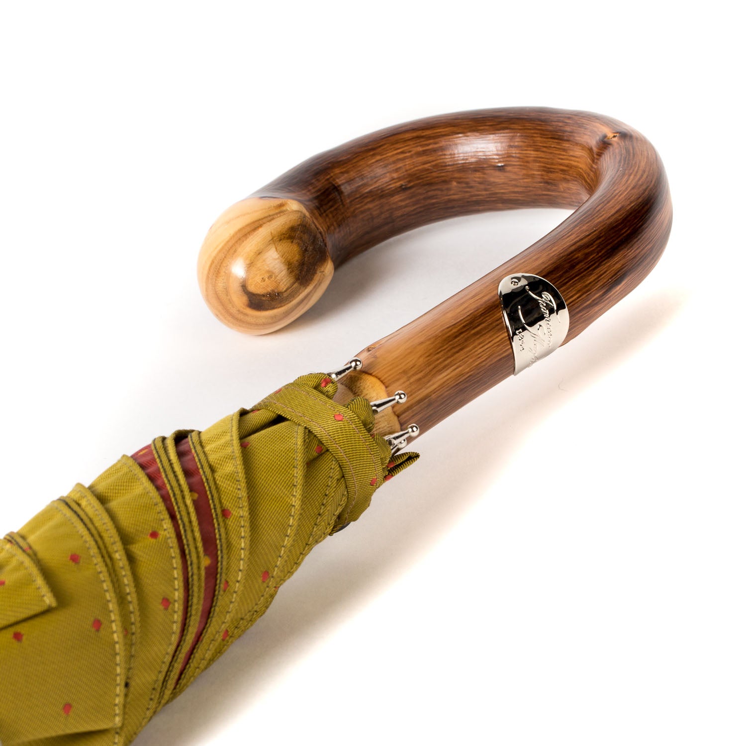 Light Green Umbrella with Light Pink Dots and Handle made of Chestnut Wood